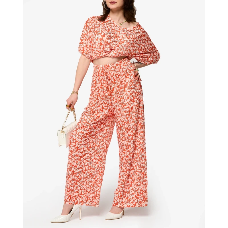 Resti Orange womens pleated set with black flowers - Clothing 108165447