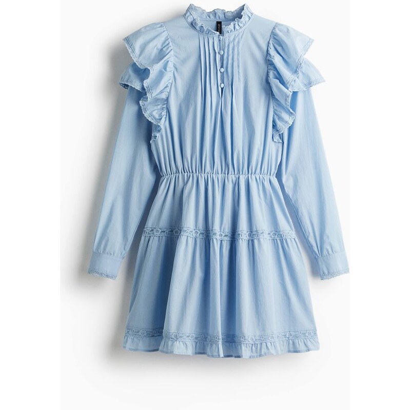 H&M - Bavlněné šatys volánkovými lemy - Bleděmodrá