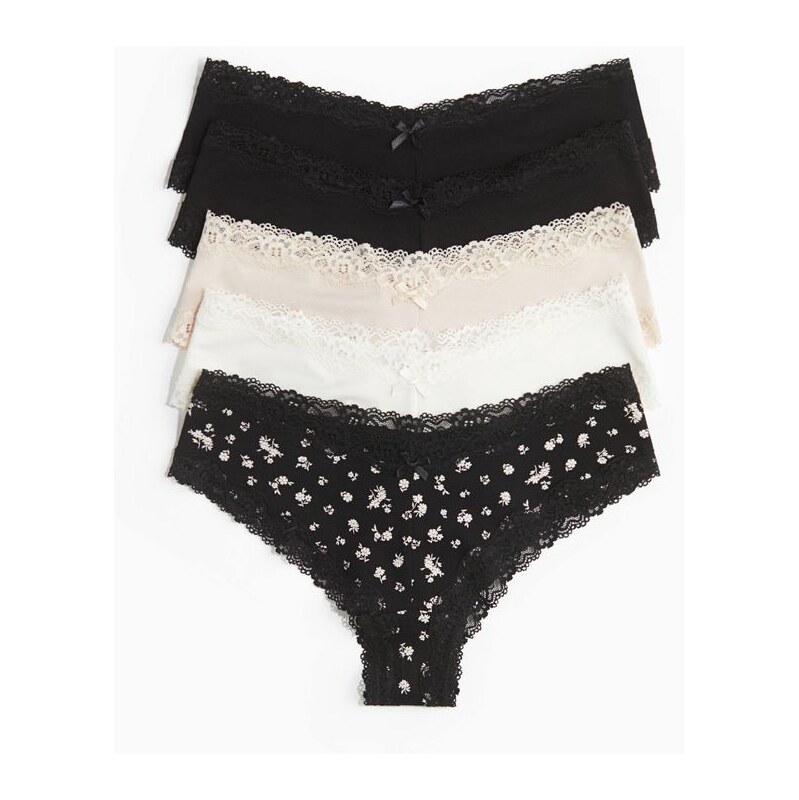 H&M - Kalhotky hipster z bavlny a krajky 5 kusů - černá 108163285