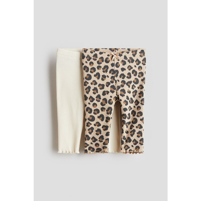 H&M - Žebrované bavlněné legíny 2 kusy - Krémová/Leopardí Potisk