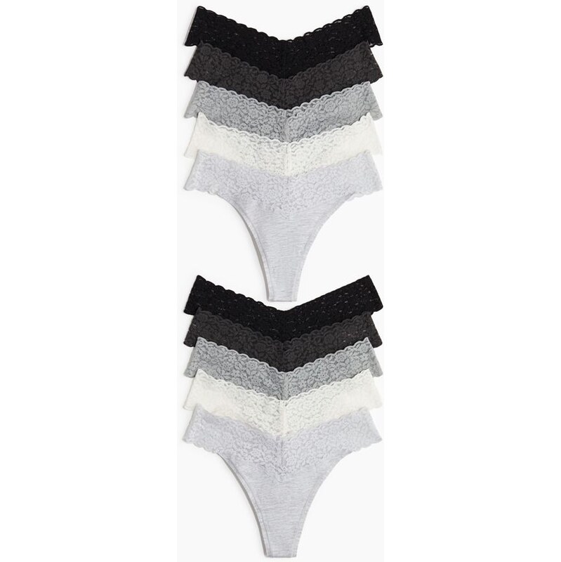 H&M - Krajkové kalhotky thong 10 kusů - šedá 108163716
