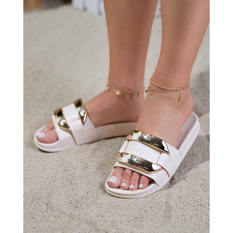 Resti Womens beige slippers with golden Serina ornament - Footwear 108164976