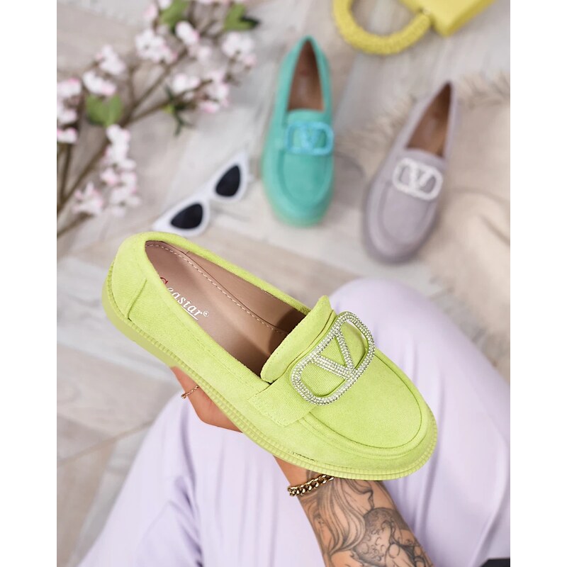 Resti Womens lime green moccasins with ornament Fogras