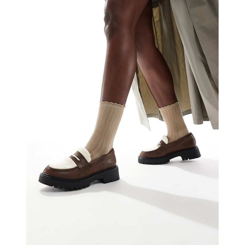 London Rebel Olivia contrast teddy fur chunky loafers in brown