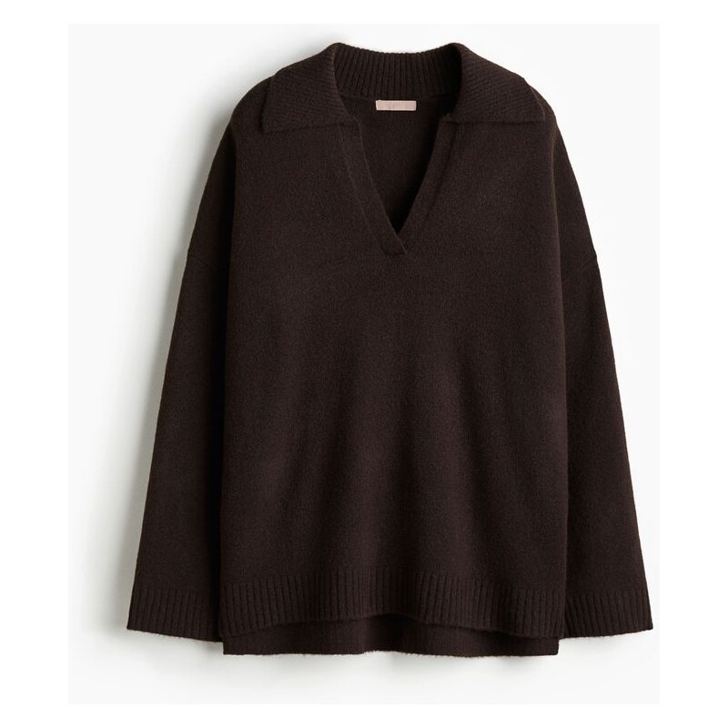 H&M - Jemně pletený svetrs límečkem - Tmavě Hnědá