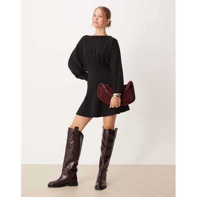 ASOS DESIGN supersoft slash neck blouson batwing mini dress in black