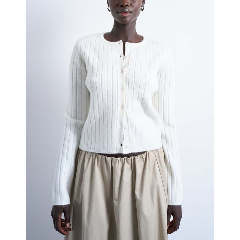 Topshop knitted ribbed button crew cardigan in white 108172718