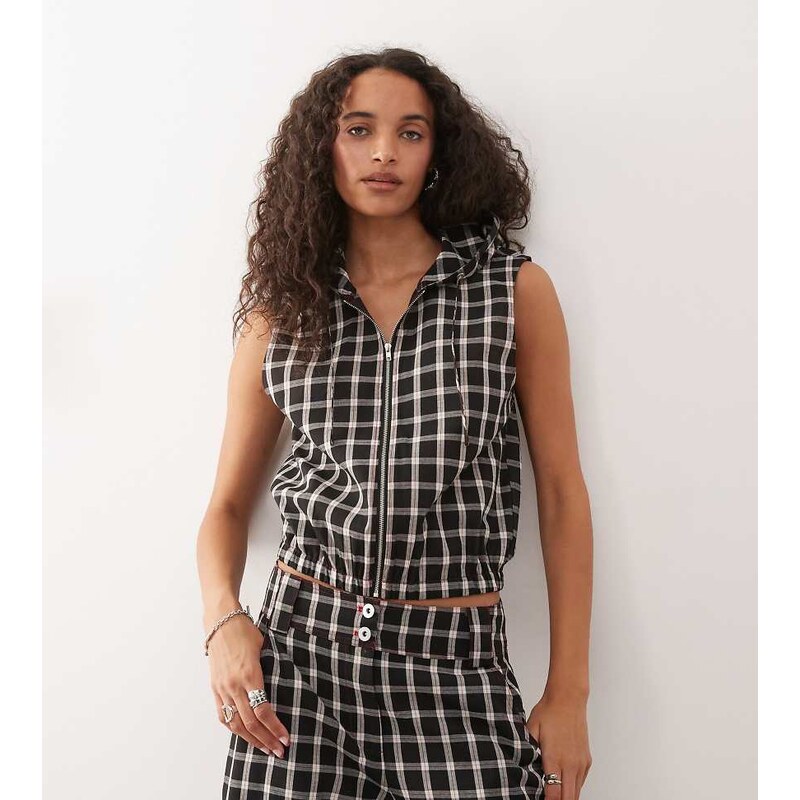 COLLUSION zip through hooded top co-ord in multi check