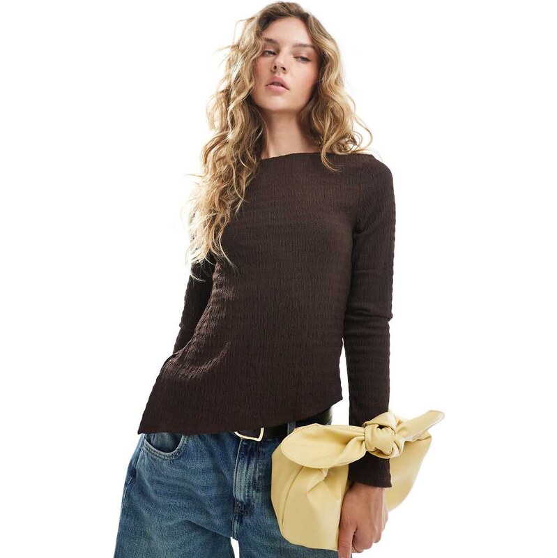 Brave Soul textured long sleeve boat neck top in brown