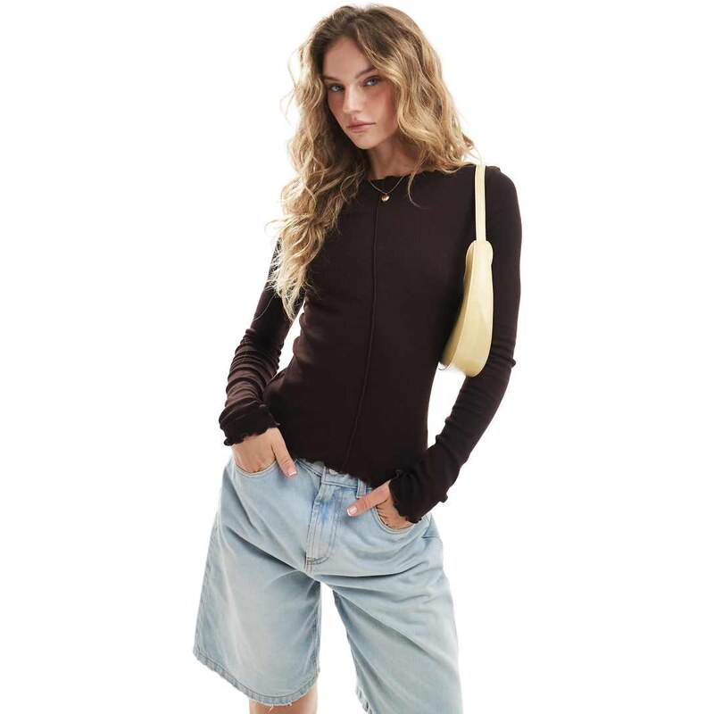 Brave Soul cotton long sleeve top with lettuce hem in chocolate brown 108172182