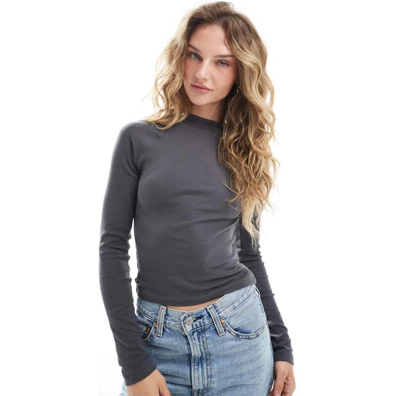 Brave Soul cotton ribbed long sleeve top in grey 111082174