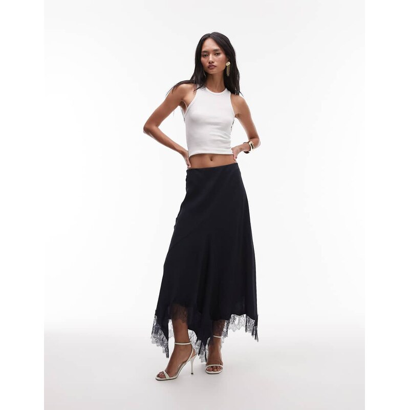 & Other Stories satin maxi skirt with asymmetric lace trim hem in blue 109627163