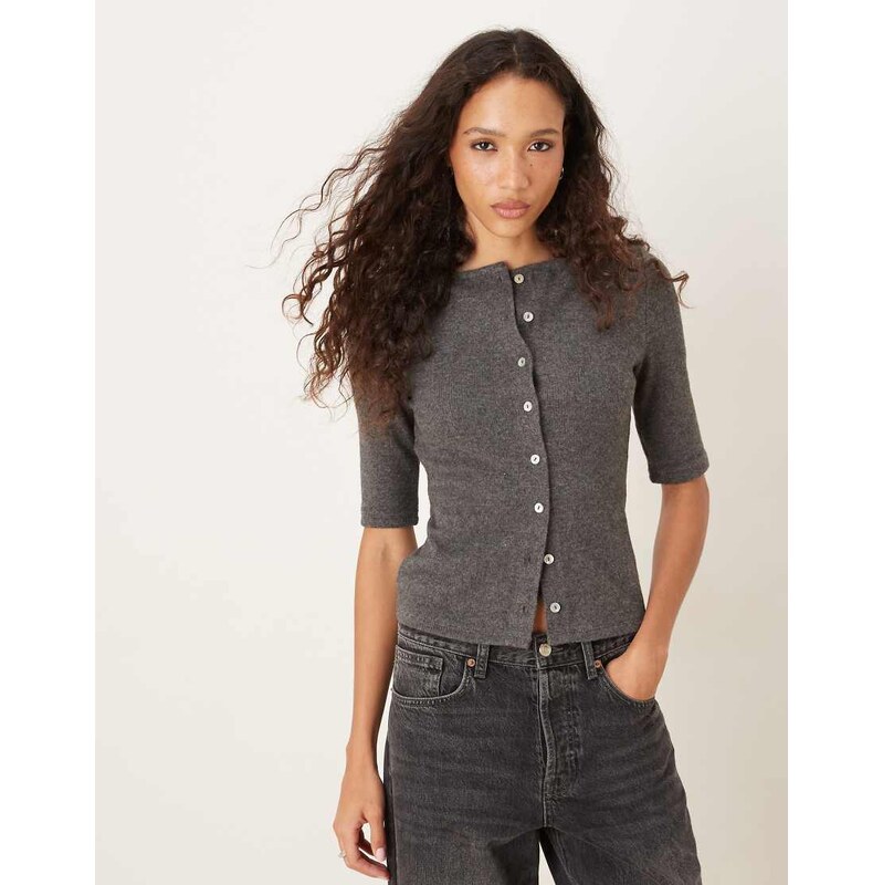 ASOS DESIGN half sleeve button through supersoft cardigan in grey marl 108176050