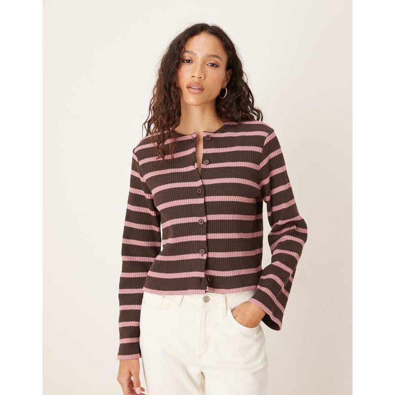 ASOS DESIGN cut and sew stripe button through long sleeve top in