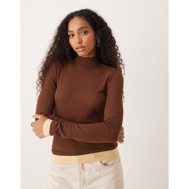 ASOS DESIGN gauzy mesh rib double layer high neck top in brown 108172662
