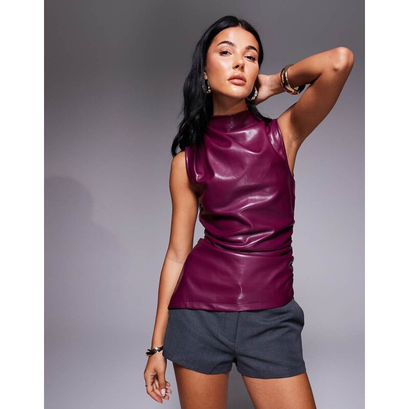 Kaiia exclusive soft leather look asymmetric gathered high neck top in 108172764
