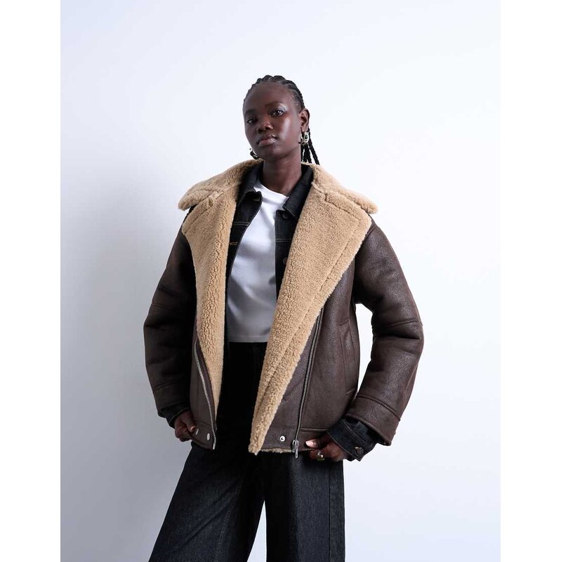 Topshop oversized funnel shearling aviator in chocolate-Brown