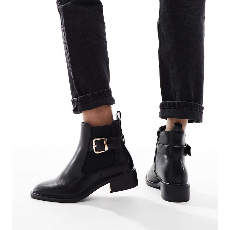SEQWL Wide Fit Latte buckle detail refined chelsea boots in black 113262132