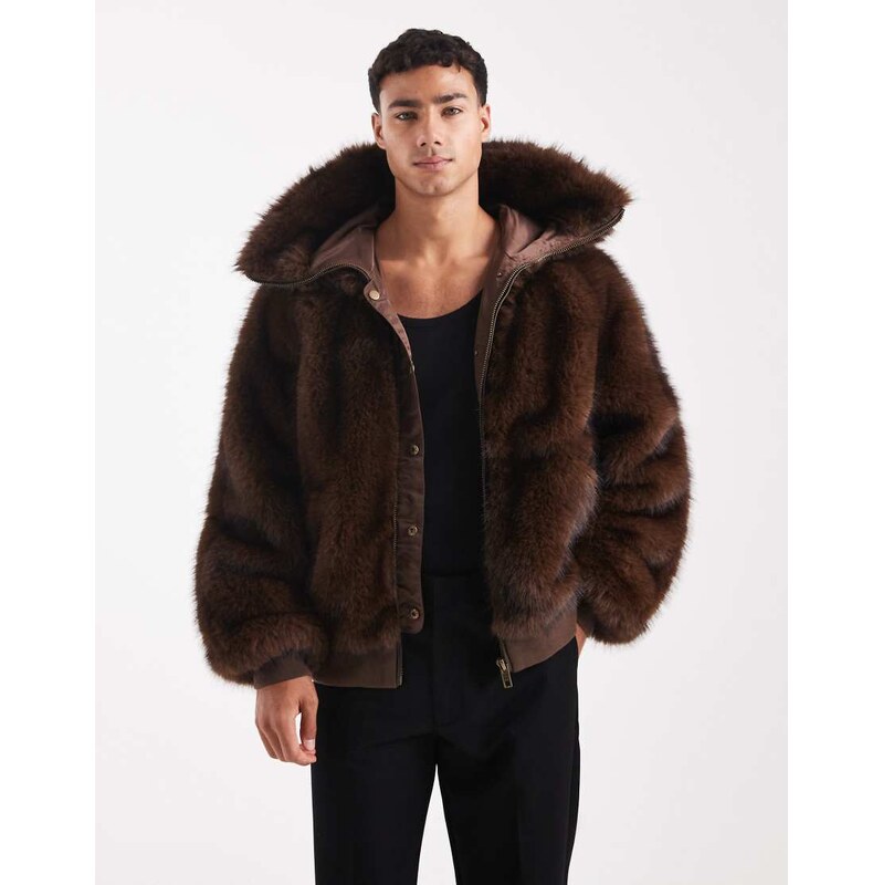 ASOS DESIGN oversized faux fur hooded jacket in brown