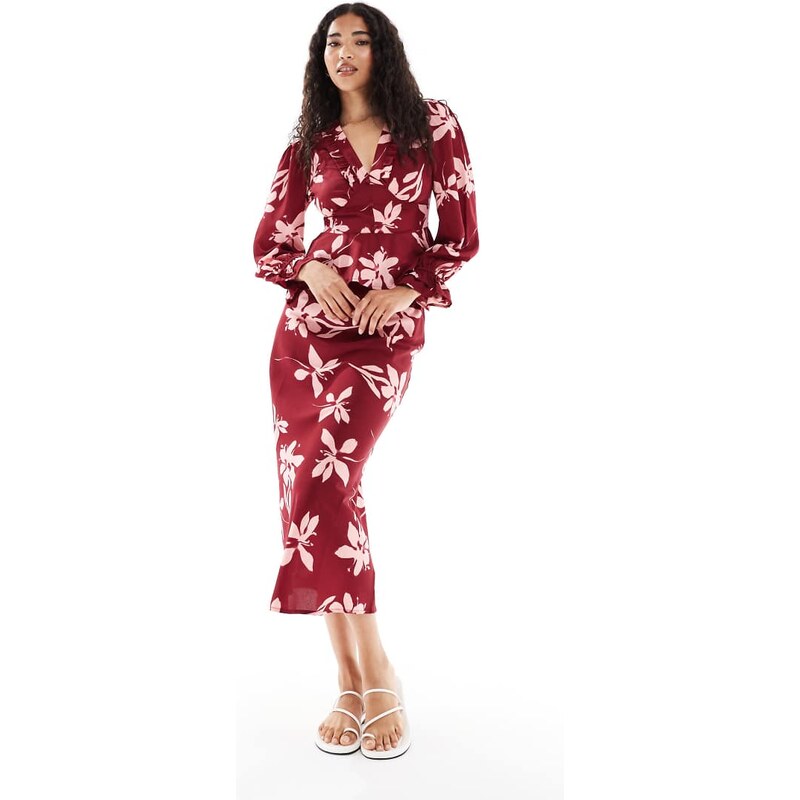 Wednesdays Girl floral print bias cut midaxi skirt in burgundy