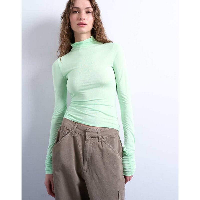 Topshop high neck viscose long sleeve top in mint geen-Green