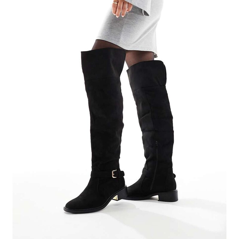 SEQWL Wide Fit Latte buckle detail over the knee boots in black 108529929
