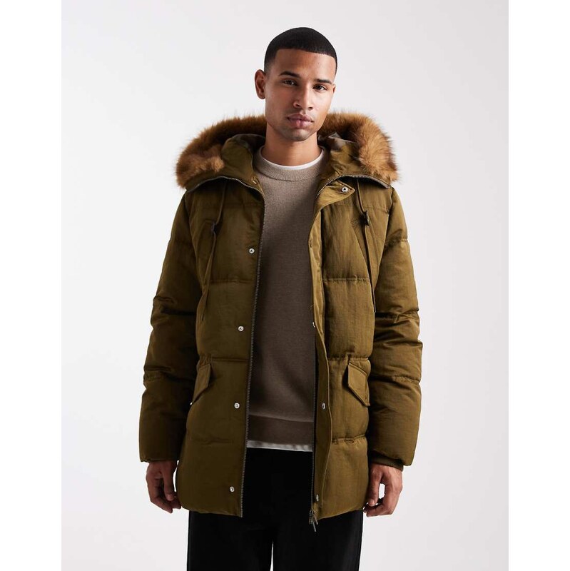 ASOS DESIGN puffer jacket with faux fur hood trim in dark green 108310186
