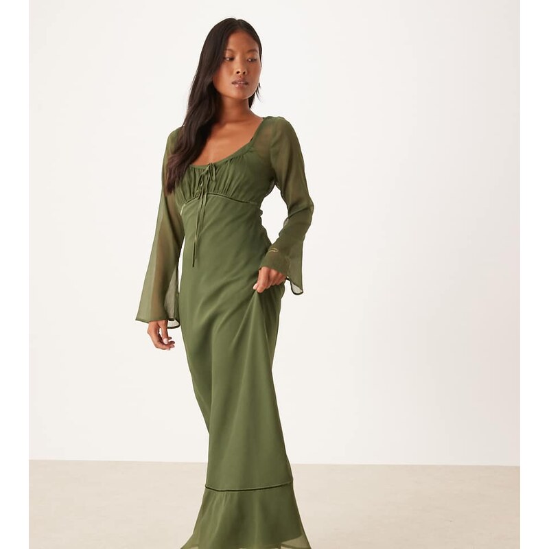 ASOS Petite ASOS DESIGN Petite ruched bust scoop long sleeve maxi 108529938