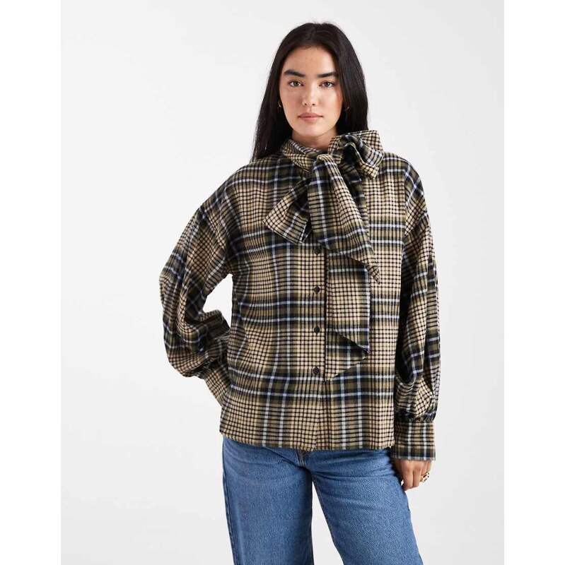 ASOS DESIGN bow neck oversized shirt in brushed check-Brown 108433059