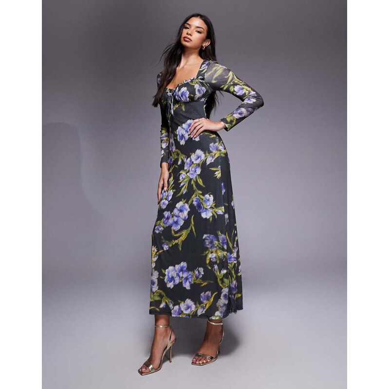 ASOS DESIGN long sleeve milkmaid midi dress in black floral