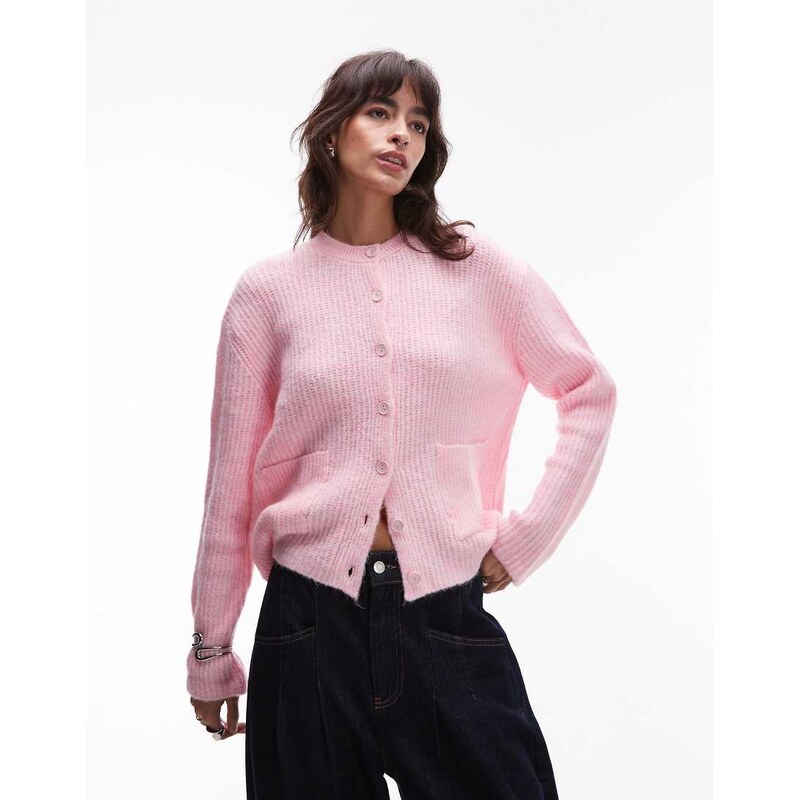 ASOS DESIGN knitted cardigan with patch pockets in pink-Red 108177889