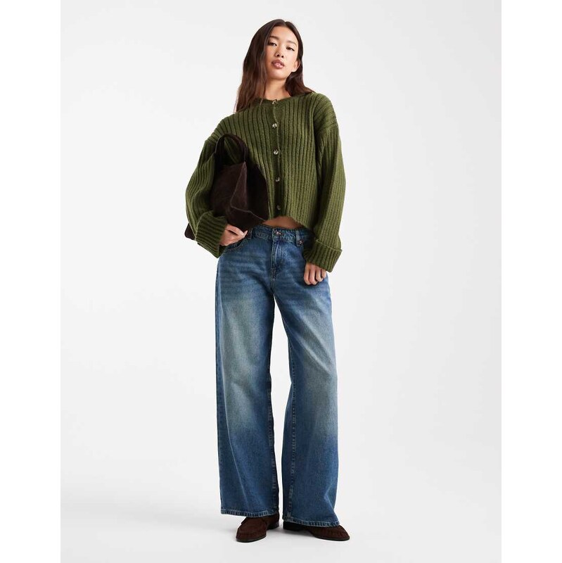 ASOS DESIGN knitted cardigan with turn up cuff in khaki-Green 108177892