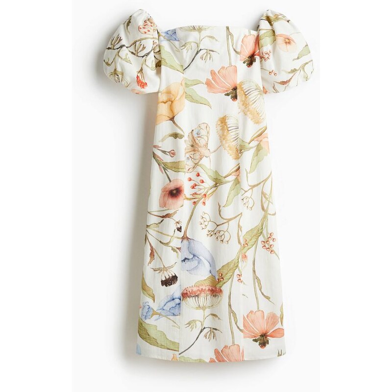 H&M - Bavlněné šaty odhalující ramena - Bílá/Květy