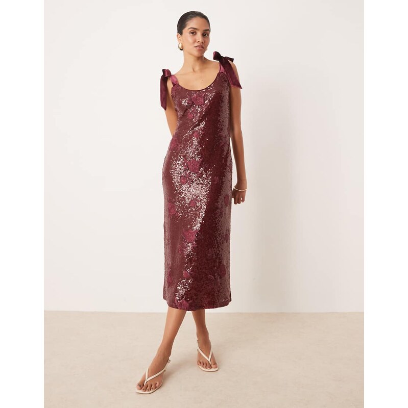 Pretty Lavish bow shoulder embellished midaxi dress in plum floral 108190005