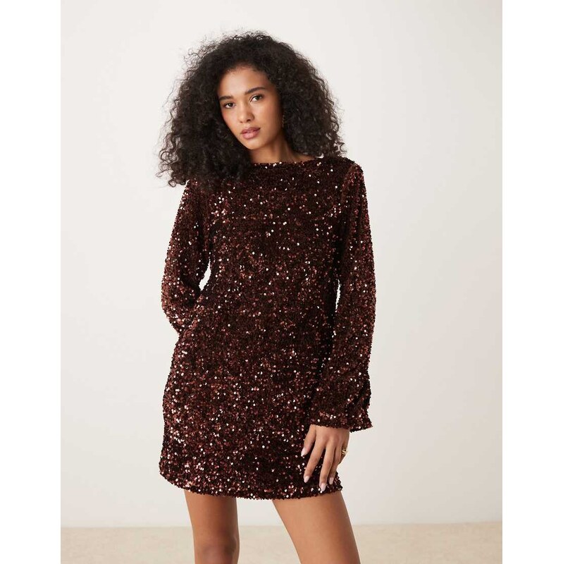 Pretty Lavish bow sequin mini dress in chocolate-Brown 108190007
