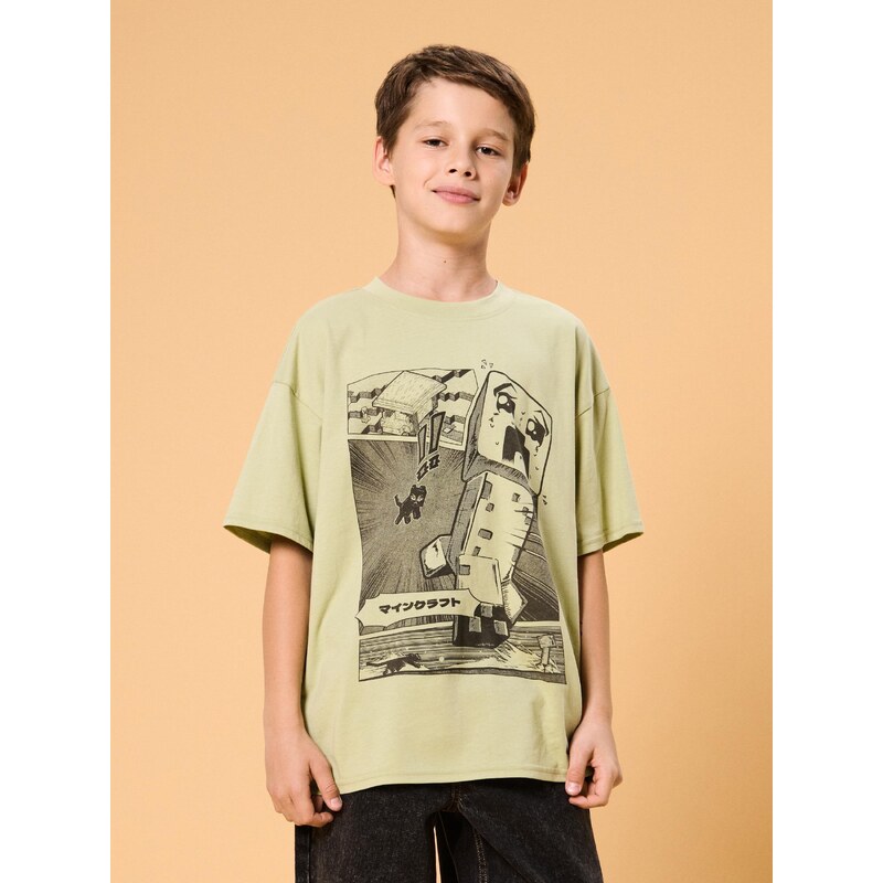 Sinsay - Tričko oversized Minecraft - green spruce