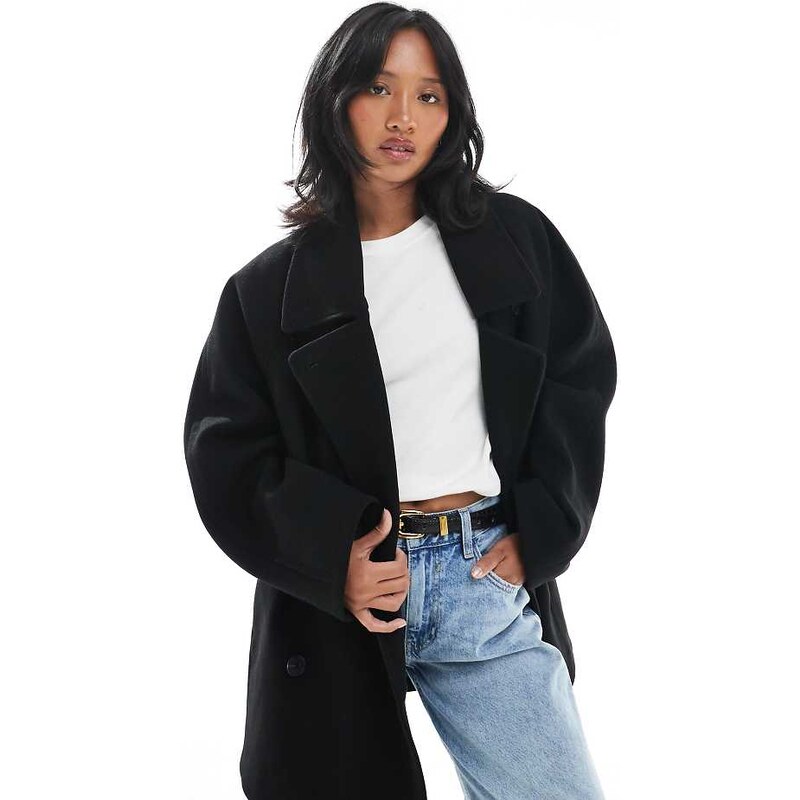 ASOS Petite ASOS DESIGN Petite oversized mid length pea coat in black 108184637