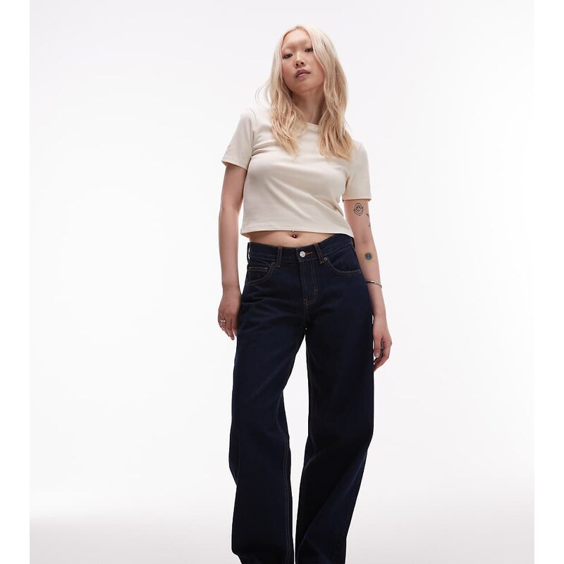 Topshop Petite Cinch low rise relaxed jean in raw look indigo-Blue 115511297