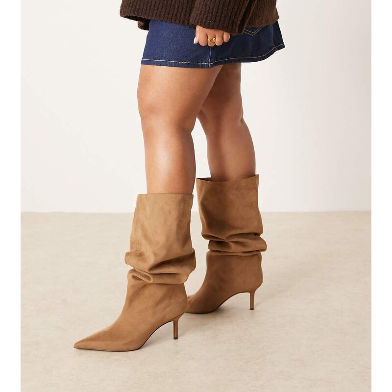 ASOS DESIGN Curve Cydney slouch pull on knee boots in sand suedette 108184705