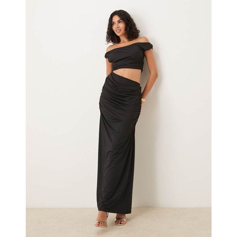 SNDYS premium asymmetric drape off shoulder cutout maxi dress in