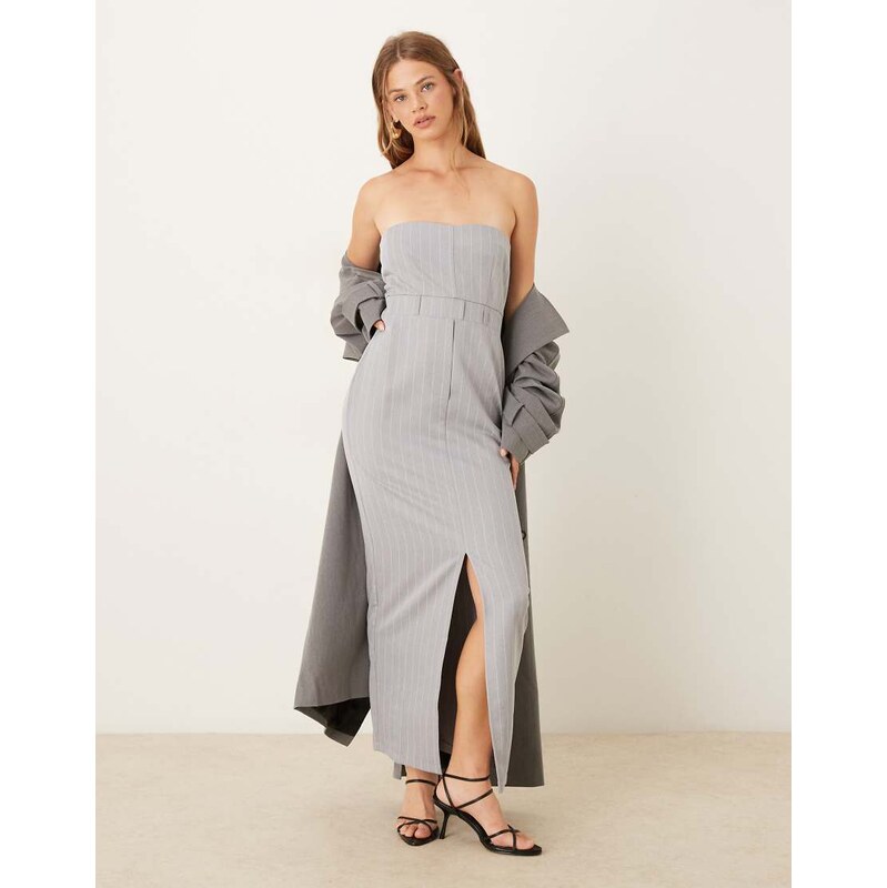 ASOS DESIGN bandeau miaxi dress with front split in grey pinstripe