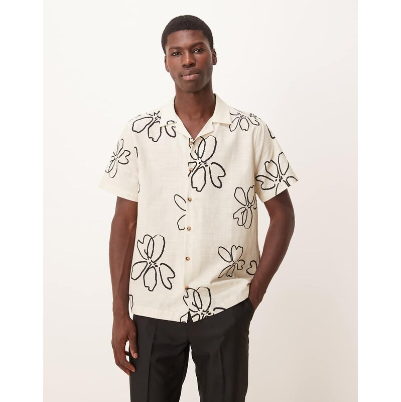 ASOS DESIGN oversized revere shirt with floral print in beige