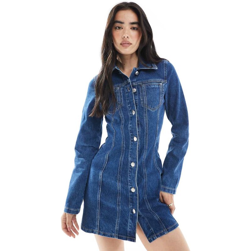 ASOS DESIGN denim mini shirt dress with seam and pocket detail