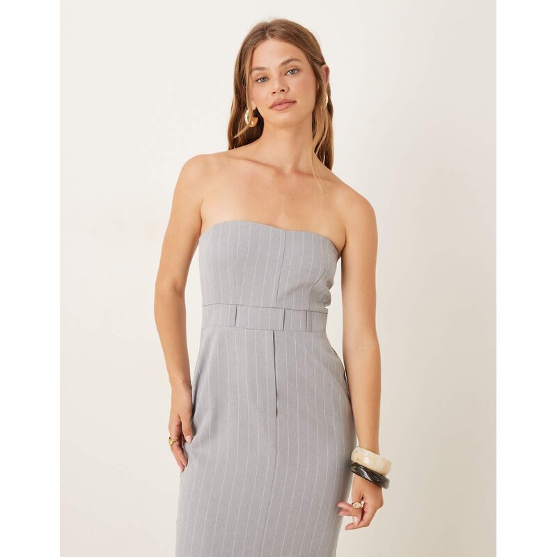 ASOS DESIGN bandeau miaxi dress with front split in grey pinstripe