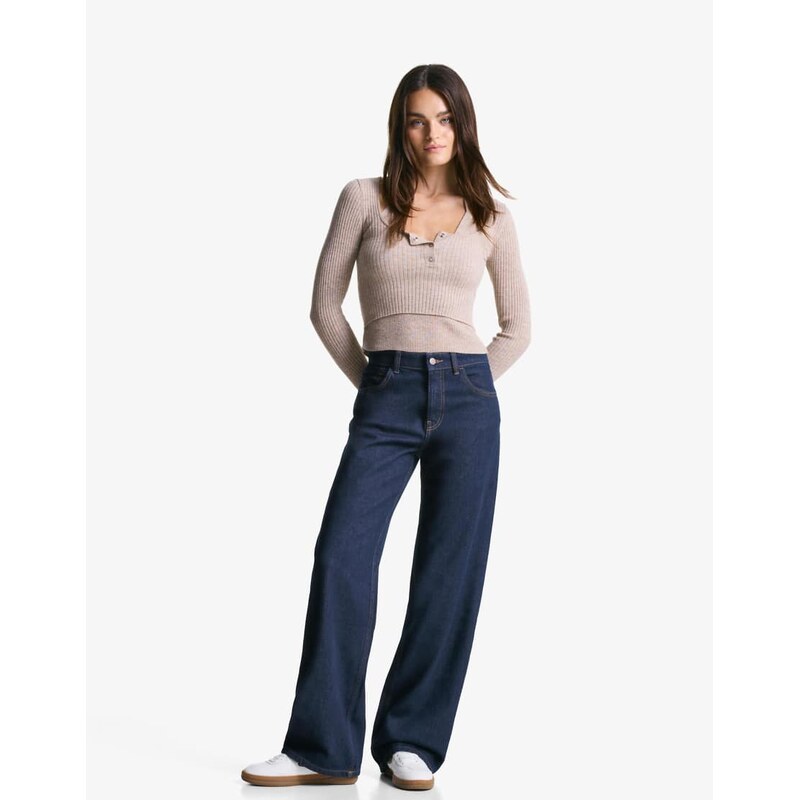 Bershka Straight wide-leg jeans in denim blue