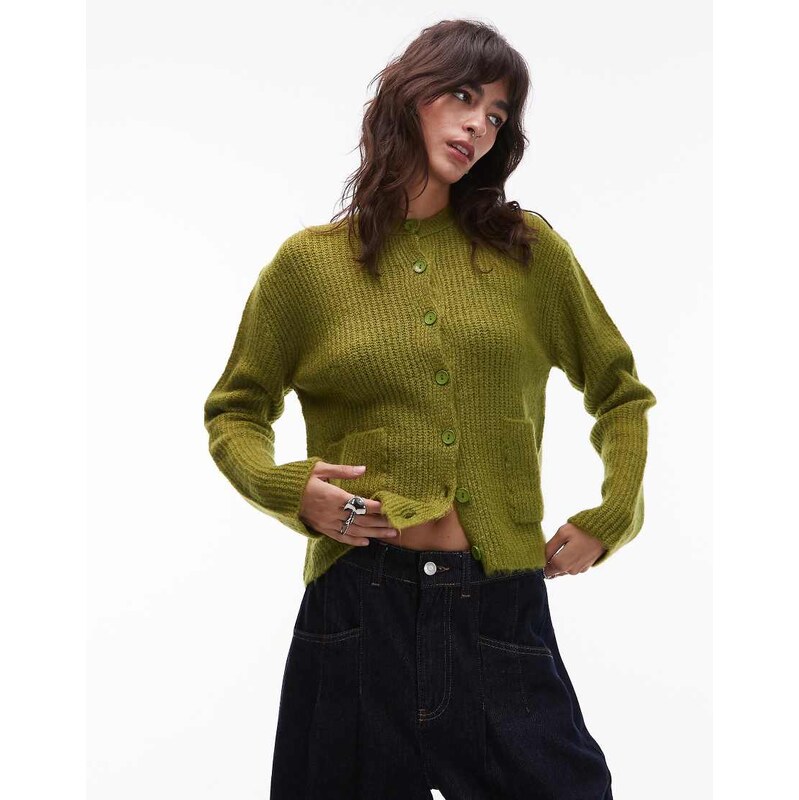ASOS DESIGN knitted cardigan with patch pockets in olive-Blue 108184898