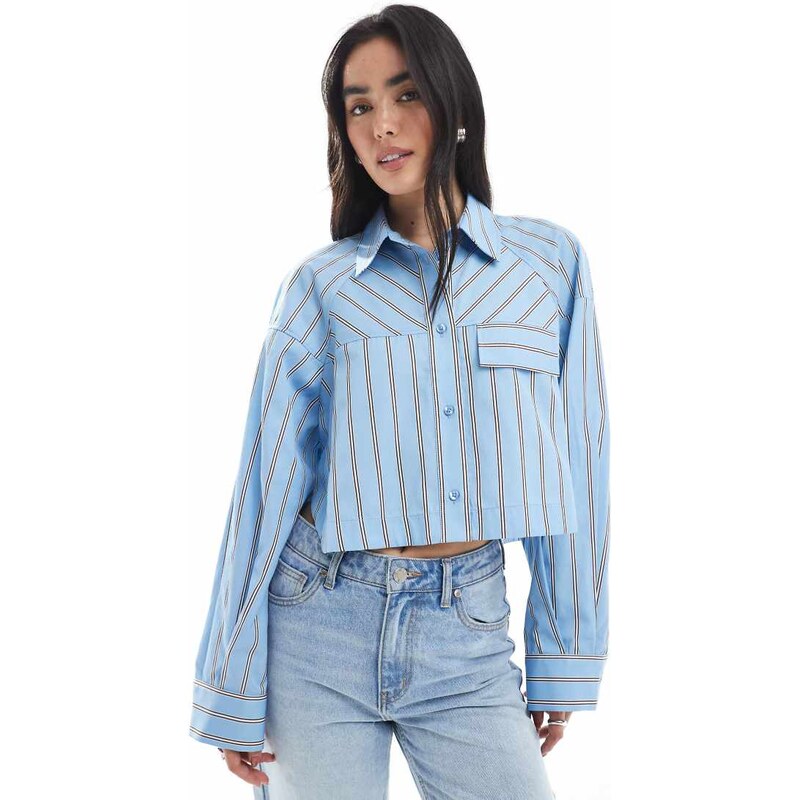 ASOS DESIGN boxy cropped shirt with pocket in premium cotton in stripe 108185056