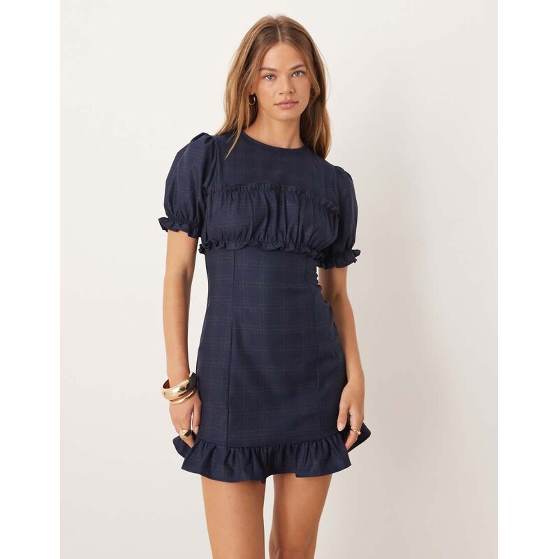 ASOS DESIGN short sleeve ruffle bust mini dress in navy check