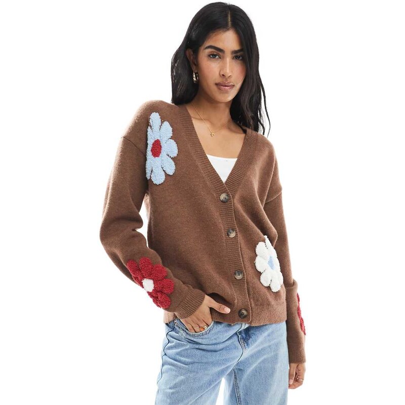 Daisy Street v neck cardigan with flowers in brown multi