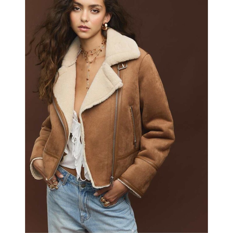 Stradivarius Faux suede biker jacket in camel-Brown